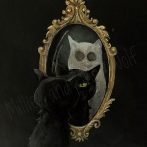 Millie and the Ghost Art Print: Spooky Black Cat in Haunted Mirror