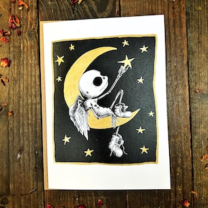 Lune - Carte de voeux, observation de la lune, croissant de lune, étoiles, carte squelette, joli squelette.
