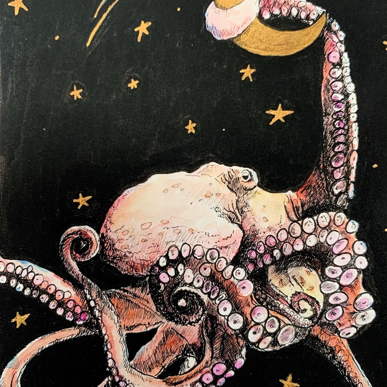 Reach for the Moon, A5 Giclee print, octopus, moon, octopus print, octopus art, marine print, fairytale art image 1
