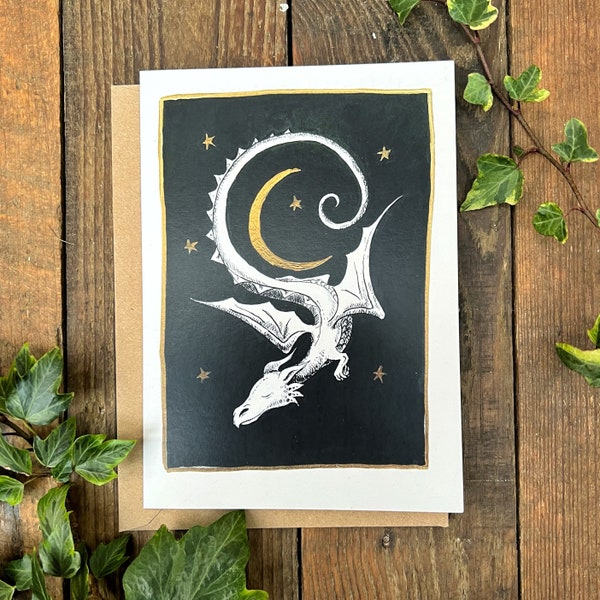 Oscar - Oscar the dragon greetings card, 7x5 blank card, dragon, fairytale card, cute dragon, moon, moon dragon art card.