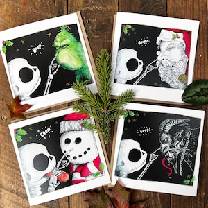Boop Weihnachtskarten - 4er-Pack, Weihnachtskarten-Packungen, Skelett-Weihnachten, Nikolaus, Krampus, Grinch, Schneemann, süßer Totenkopf, Goth