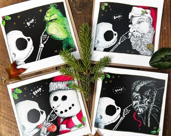 Boop Christmas cards - Pack of 4, Christmas card packs, skeleton Christmas, Santa Claus, Krampus, grinch, snowman, cute skull, goth