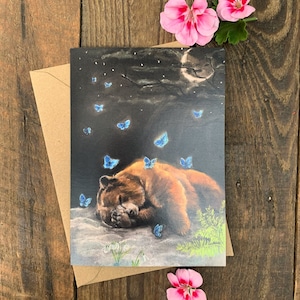 Dream - sleeping bear greetings card, blank card, fairytale art, blue butterflies, dreamy bear art.