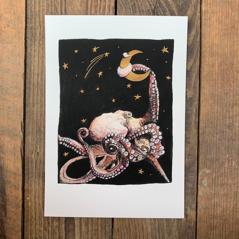 Reach for the Moon, A5 Giclee print, octopus, moon, octopus print, octopus art, marine print, fairytale art image 2
