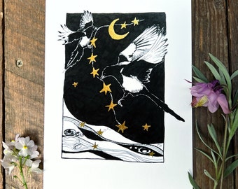 Stealing Stars - A5 giclee print, magpies, stars, magpie, corvid, bird art, fairytale art, fairytale artist