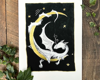 Moon Snooze - a4 giclee print sleeping dragon, dragon, moon dragon, dragon art, fairytale illustration