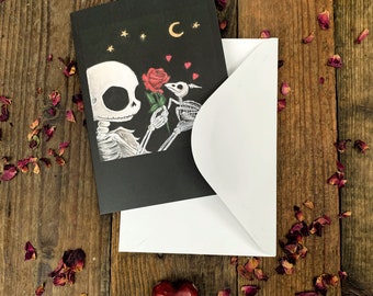 Cute skeleton Valentine, ‘Agnes loves Roger’, skull, bird skeleton, alternative valentines, love, greetings card, blank card.