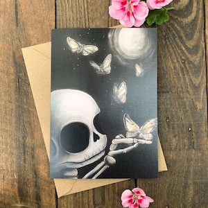 Roger and the moths greetings card, blank card, skeleton card, skull art, skull card, moths.