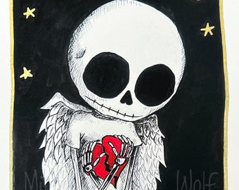 Crushed - A5 giclee print, broken heart, cute skeleton, heartbroken, love, valentine, goth art, sad skeleton.