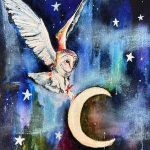Le voleur de lune - Carte de voeux, carte 7 x 5, carte vierge, carte hibou, hibou lune, croissant de lune, cartes de conte de fées.