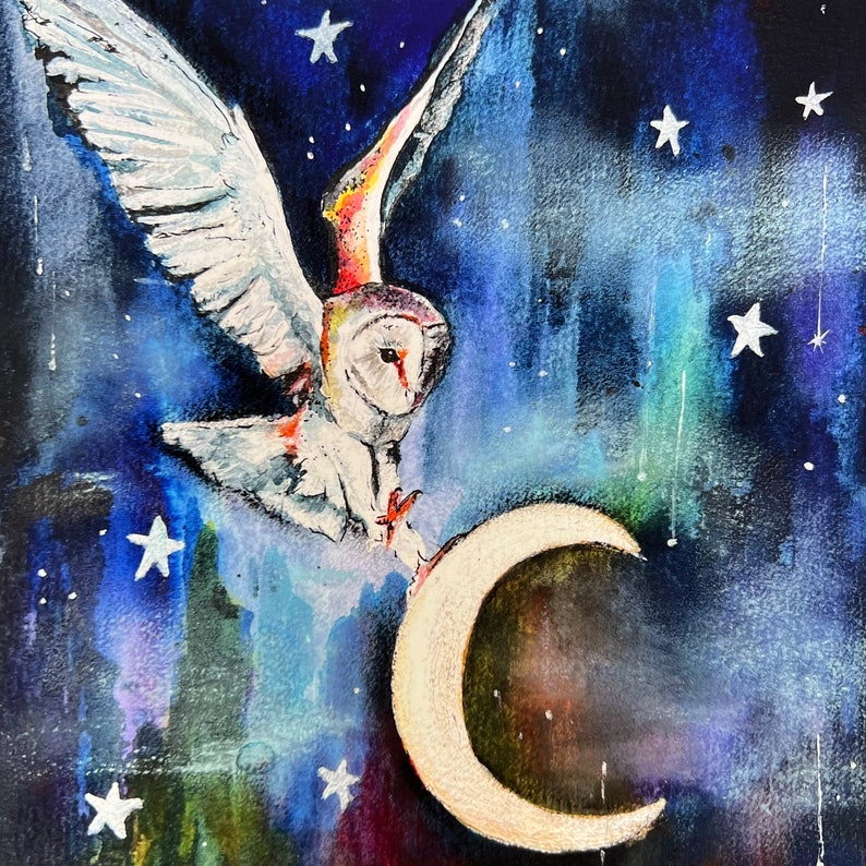 The Moon Thief 7x5 card crescent moon Greetings card blank card owl card fairytale cards. moon owl