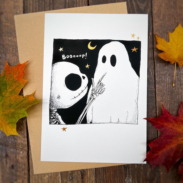 Booooop! When Roger booped a spook - halloween print, ghost art, spooky, cute skeleton, skull, bedsheet ghost, spooky art, halloween art.