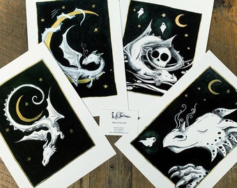 Oscar the Dragon - set of 4, A4 Giclee prints, fairytale illustration, dragons, moon dragon, dragon art, illustrations