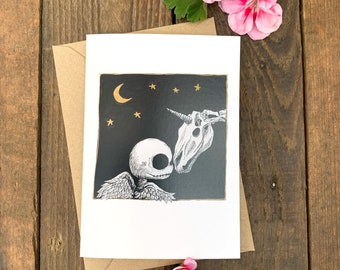 Roger and the Unicorn Greetings card, blank card, skeleton card, unicorn card, skull art, cute skeleton.