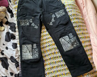 Black double knee carhartt block printed pants