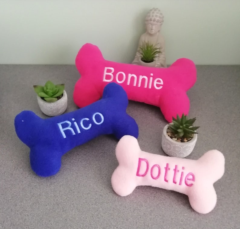 Personalised Embroidered Squeaky Toy Bone. Perfect for Christmas stocking, Birthday present or just as a treat. Ideal for Dogs and Puppies image 1
