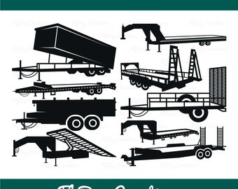 Op de afbeelding: Een set van acht zwarte silhouette SVG-snijbestanden van verschillende soorten aanhangwagens. De bestanden zijn gelabeld met "SVG - DXF - EPS - PNG" en "FlyBuy Creations".