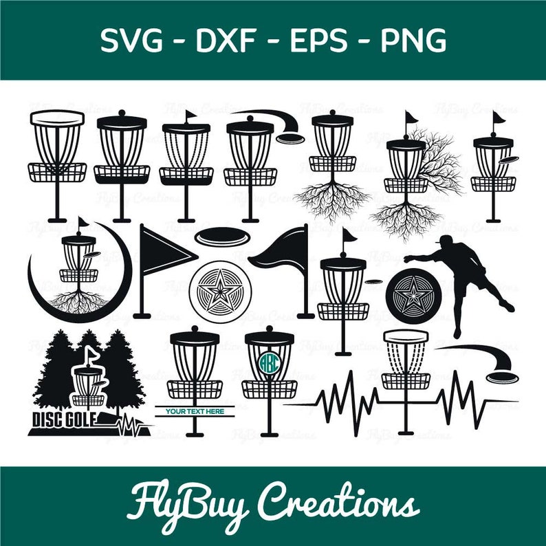 Pu&ograve; includere: Un set di 15 file di taglio SVG di disc golf in bianco e nero. I file includono cestini di disc golf, alberi, bandiere, un disco, un battito cardiaco e un giocatore che lancia un disco. Il testo "DISC GOLF" e "YOUR TEXT HERE" sono inclusi nel design.