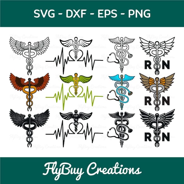 Caduceus Symbol SVG Bundle, Caduceus, Pharmacy Symbol, Wings, Medical Symbol, Nurse, Star Of Life, RN Nurse Svg, Eps, Dxf, Png, Svg Cut file