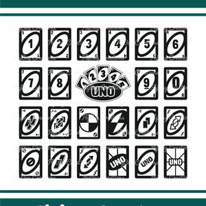May include: A digital design featuring black and white Uno playing cards, with numbers and action symbols. The design includes the text "SVG-PNG-EPS-DXF" and "Flybuy Creations".