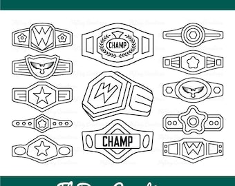 May include: A collection of twelve black and white line art illustrations of championship wrestling belts featuring various designs including stars, eagles, the letter W, and the text CHAMP. The image includes the text SVG - DXF - EPS - PNG.