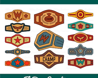 May include: A digital collection of twelve championship belt illustrations in various shapes and colors, featuring icons like stars, eagles, and the text CHAMP. The top and bottom text reads SVG - DXF - EPS - PNG and FlyBuy Creations.