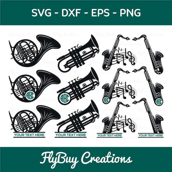 Saxophon SVG | Trompete SVG | Posaune SVG | Horn geschnitten Datei | Waldhorn Datei | Musik-Noten-Svg | Musikinstrumente | Eps | Dxf | Png | Schnittdatei