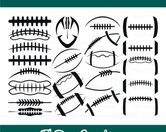 Peut inclure: Illustrations vectorielles en noir et blanc de ballons de football américain et d'éléments connexes. L'image comprend divers modèles de ballons, de lacets et d'autres graphiques. Le texte en haut indique "SVG - DXF - EPS - PNG". Le bas de l'image affiche "FlyBuy Creations".