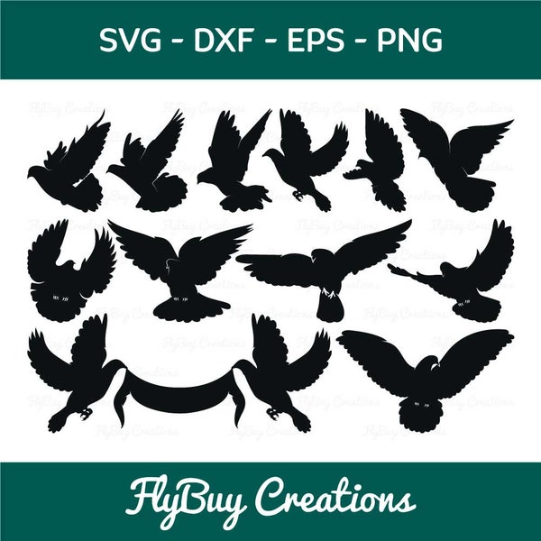 Flying Dove SVG Bundle, Dove Svg, Pigeon Svg, Peace Sign Svg, Bird Svg, Dove Silhouette, Flying Dove Svg, Eps, Dxf, Png, Cut file,