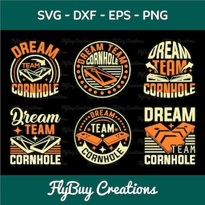 Puede incluir: Seis diseños diferentes para un juego de cornhole. Cada diseño presenta las palabras "Dream Team Cornhole" en un esquema de colores amarillo, naranja y negro. Los diseños son circulares, rectangulares y una combinación de ambos.