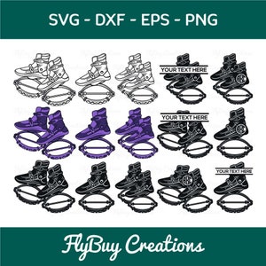 Könnte beinhalten: Ein Satz von drei digitalen Schnittdateien für ein Paar Sprungschuhe. Die Schuhe sind in Schwarz, Weiß und Lila erhältlich. Die Dateien sind in den Formaten SVG, DXF, EPS und PNG verfügbar. Der Text "YOUR TEXT HERE" ist im Design enthalten.