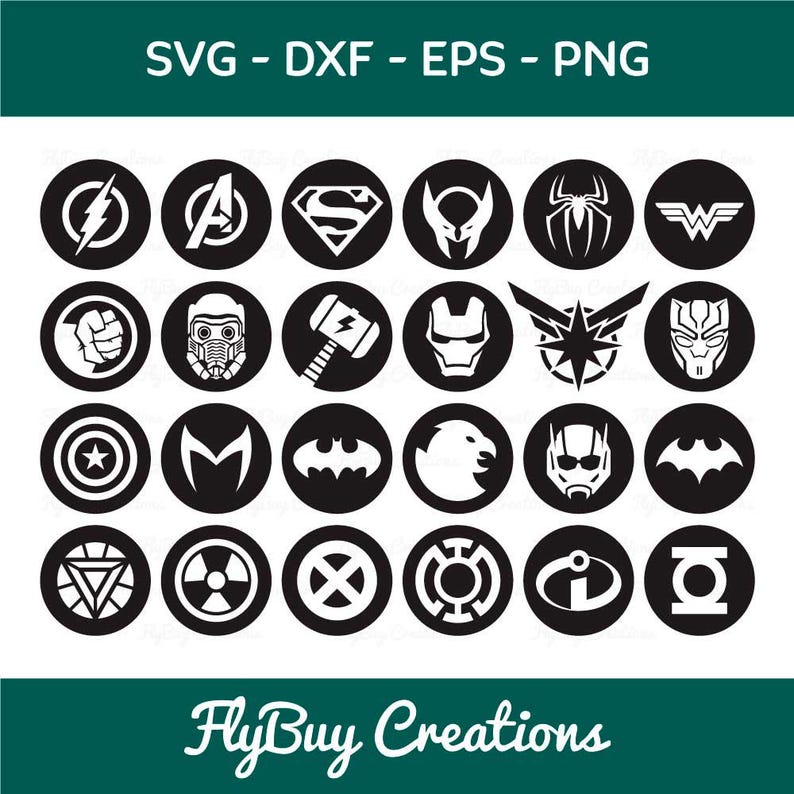 May include: A collection of black and white superhero logos in circular designs. Logos include a lightning bolt, the letter A, a stylized S, a spider, and a bat symbol. The image also includes the text "SVG - DXF - EPS - PNG" and "FlyBuy Creations."