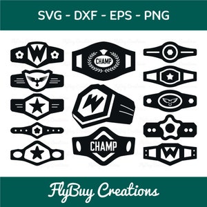 Peut inclure: Une collection d'icônes graphiques numériques en noir et blanc représentant divers modèles de ceintures de championnat, incluant des étoiles, des aigles, la lettre W et le texte CHAMP. L'image inclut les formats SVG, DXF, EPS, PNG et FlyBuy Creations.