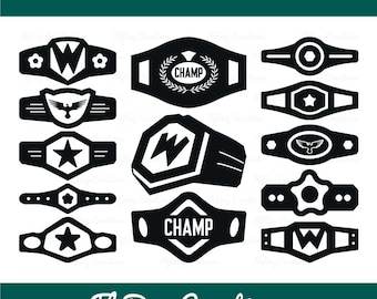 May include: A collection of black and white digital graphic icons featuring various championship belt designs, including stars, eagles, the letter W, and the text CHAMP. The image includes file format labels SVG, DXF, EPS, PNG and the text FlyBuy Creations.