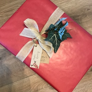 May include: A wrapped gift in red paper, adorned with a burlap ribbon and bow. A tag with the words "Happy Reading" and a small illustration is attached. Green and blue leaves add a decorative touch to the package.