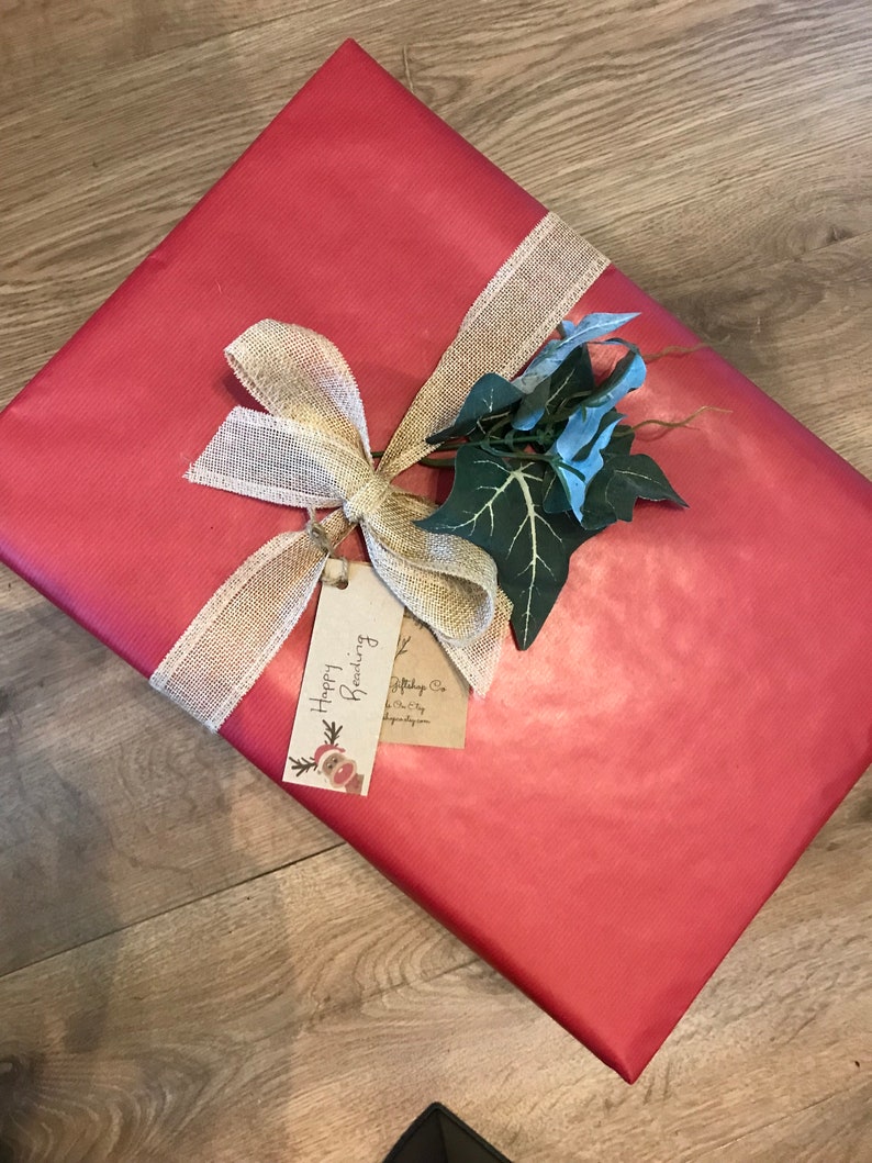 May include: A wrapped gift in red paper, adorned with a burlap ribbon and bow. A tag with the words "Happy Reading" and a small illustration is attached. Green and blue leaves add a decorative touch to the package.