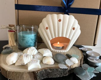 Handmade Shell Wax Burner Set, Sea Salt Sage Melts, Home Fragrance