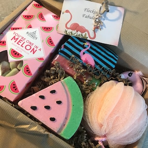 Flamingo Gift Box, Artisan Soap, Watermelon Bath Fizzer, Charm