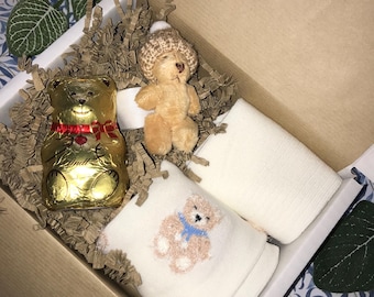 Sending A Bear Hug- Teddy Socks & Mini Jointed bear And Chocolate Giftbox