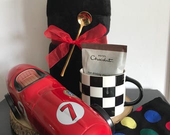 Men's Hygge Gift Box, Racing Car Biscuit Tin, Mug, Hot Chocolate, Cozy Blanket, Socks