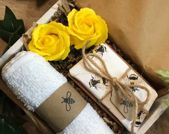 Honey Bee Pamper Gift Box, Artisan Soap and Flowers