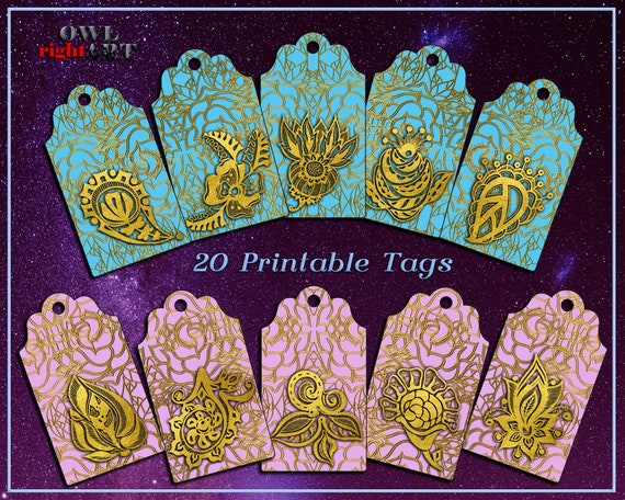 20 Printable Golden Gift Tags Blue and Pink Tags With Glitter - Etsy