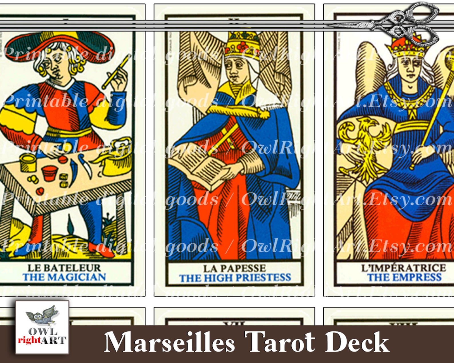 A vintage Tarot of Marseilles deck with antique Italian-inspired designs, showcasing the deck's classic imagery and minimalist style.