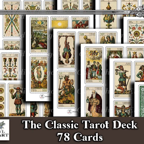 The Classic Tarot - Printable Vintage Italian Tarot Deck 78 Cards, Ancient Italian Tarocchi, Vintage Italian Tarot Card Game Download