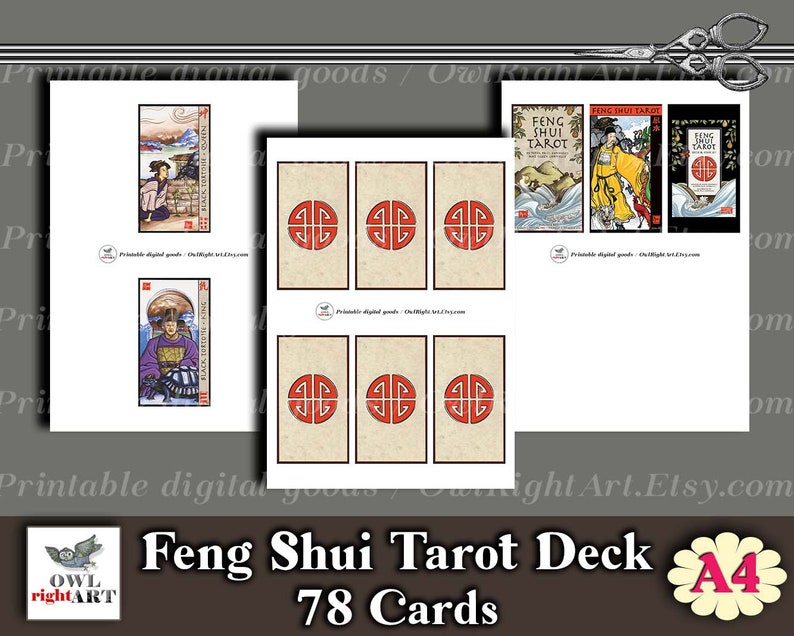 Printable Feng Shui Tarot 78 Cards A4 Digital Chinese Tarot deck layout on a wooden surface