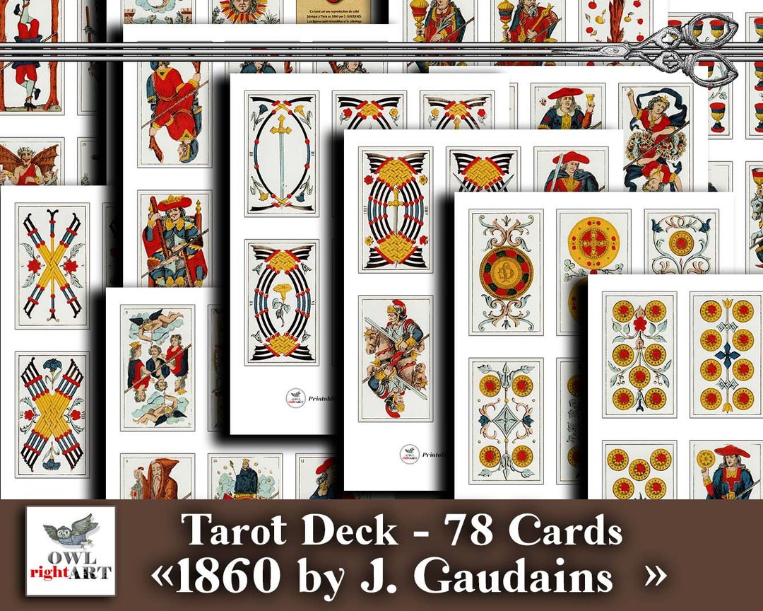Vintage French Tarot Deck 1860 J.gaudains of 78 Divinatory Tarot Cards, Printable Antique Tarot