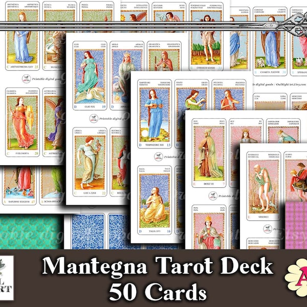 Medieval  Mantegna Tarot Cards A4, Printable Italian Tarocchi 50 Cards, Downloadable Fortune Telling 15th Century Tarot Deck