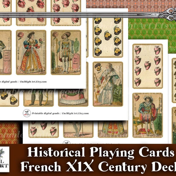 French Historical 19th Century Printable Playing Cards, Vintage Ephemera Digital Playing Cards, Antique Downloadable Playing Cards Deck