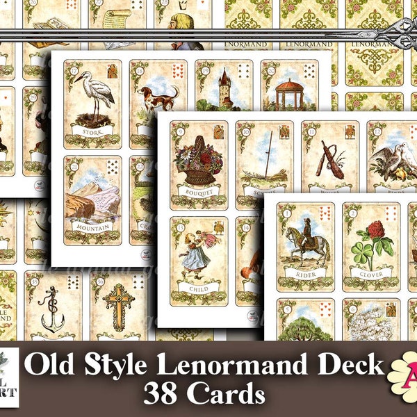 Digital Old Style Lenormand A4 by Alexander Ray, Printable Oracle Deck 38 Cards, Downloadable Lenormand Full Grand Tableau Reading Cards