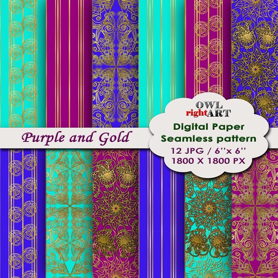 Purple and Gold Damask Flowers and Stripes Digital Etsy